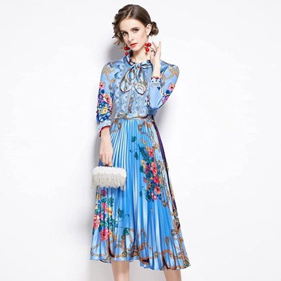 Dalia Macphee Women Lace Mosaic High Waist Long Sleeve Pleated Print Dre… - Picture 5 of 16